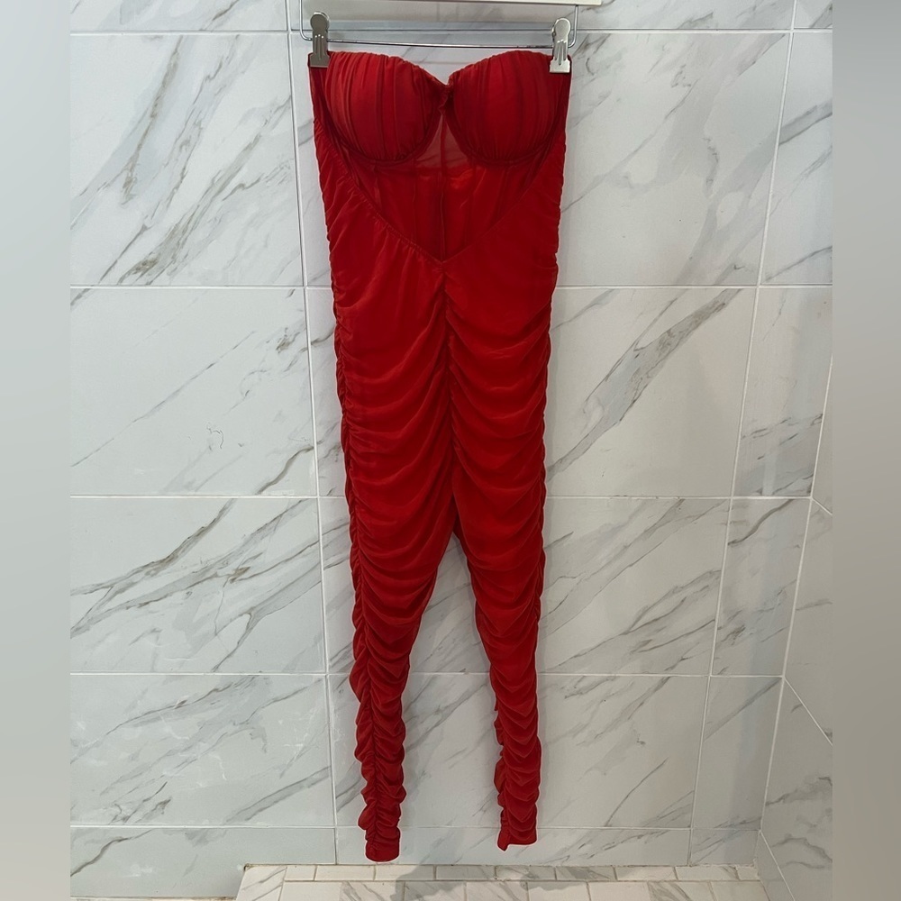 Strapless Ruched Jumpsuit in Rust - Picture 6 of 14